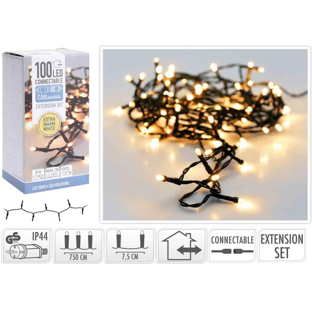 Kerstverlichting koppelbaar | 100 LED lampjes | extra warm wit | 7,5 meter