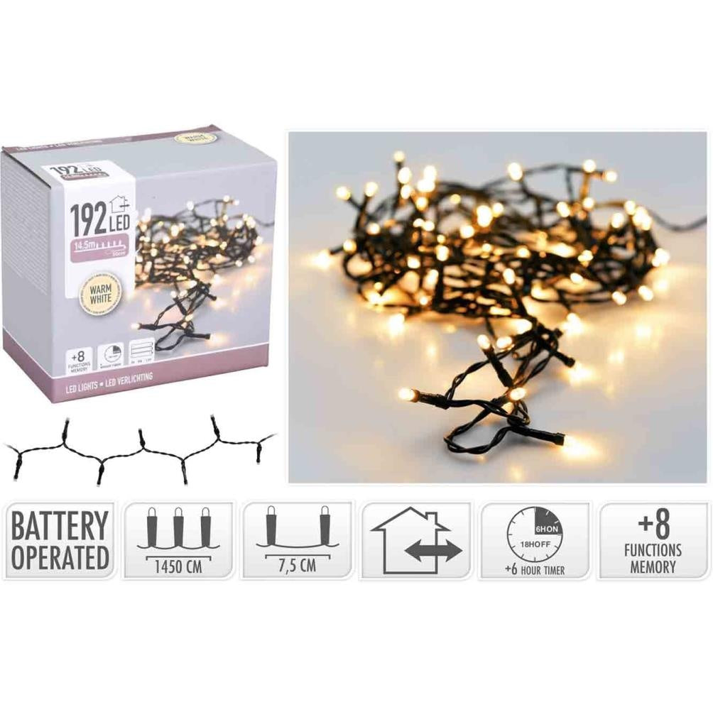 Kerstverlichting op batterijen | 192 LED lampjes | warm wit | 14,5 meter