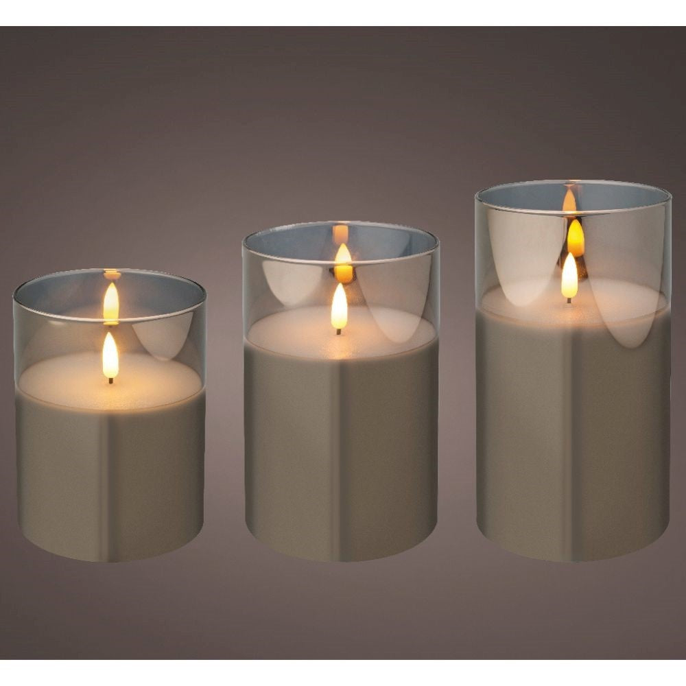 LED kaarsen set van 3 | glas & wax | rookgrijs/warm wit | ø10x17,5 / 15 / 12,5cm