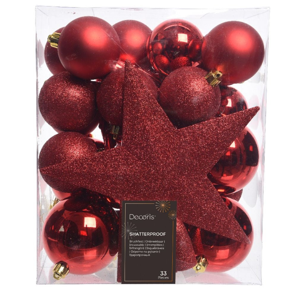 Kerstballen mixbox met piek 33-delig | kerstrood | kunststof/onbreekbaar | diverse maten
