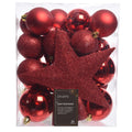 Kerstballen mixbox met piek 33-delig | kerstrood | kunststof/onbreekbaar | diverse maten