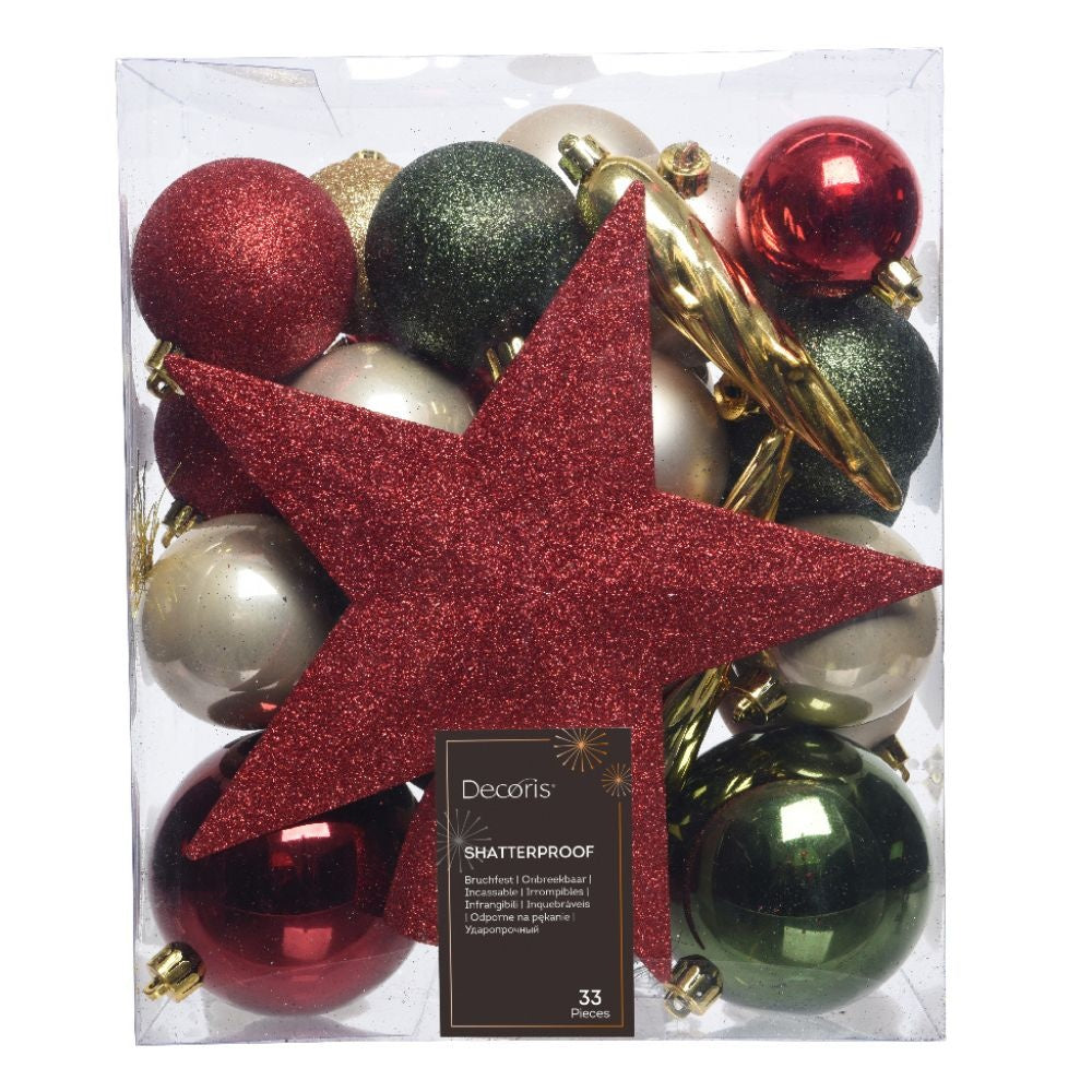 Kerstballen mixbox met piek 33-delig | rood, groen en goud | kunststof/onbreekbaar | diverse maten